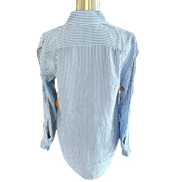 ATTITUDES by Renée Button Down Open Sleeve Ruffle Cuff Shirt, Blue stripe, Sz S - Picture 3 of 4